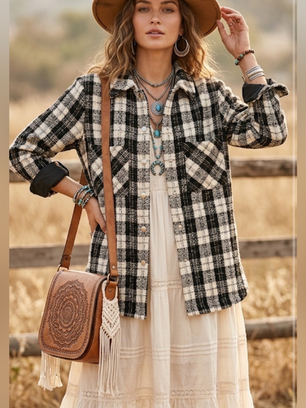 Zara Basic Plaid Shacket Medium Black Cream Snap Front Shirt Jacket